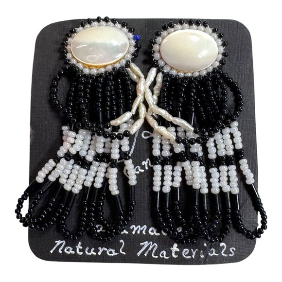 Vintage Mother of Pearl Cabochon Handmade Black & White Beaded Dangle Earrings - Picture 1 of 7